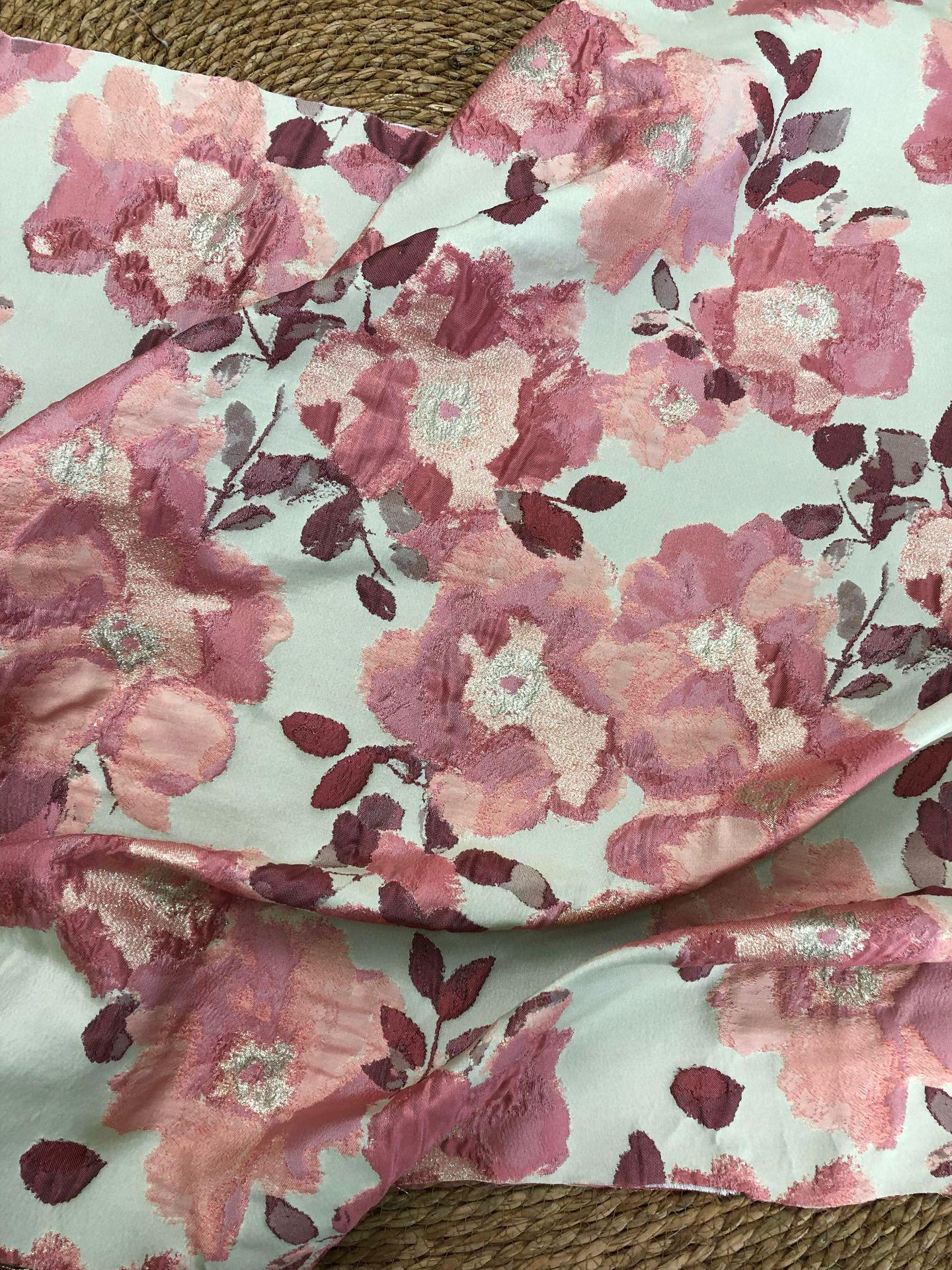 Pink Floral Jacquard Fabric, Oil Painting Style Embossed Flower Textile, Gold Metallic Woven Fabric, Vintage Dress Home Decor Material, 54"