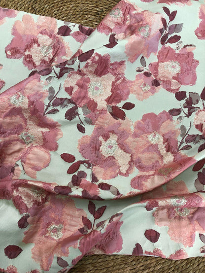 Pink Floral Jacquard Fabric, Oil Painting Style Embossed Flower Textile, Gold Metallic Woven Fabric, Vintage Dress Home Decor Material, 54"