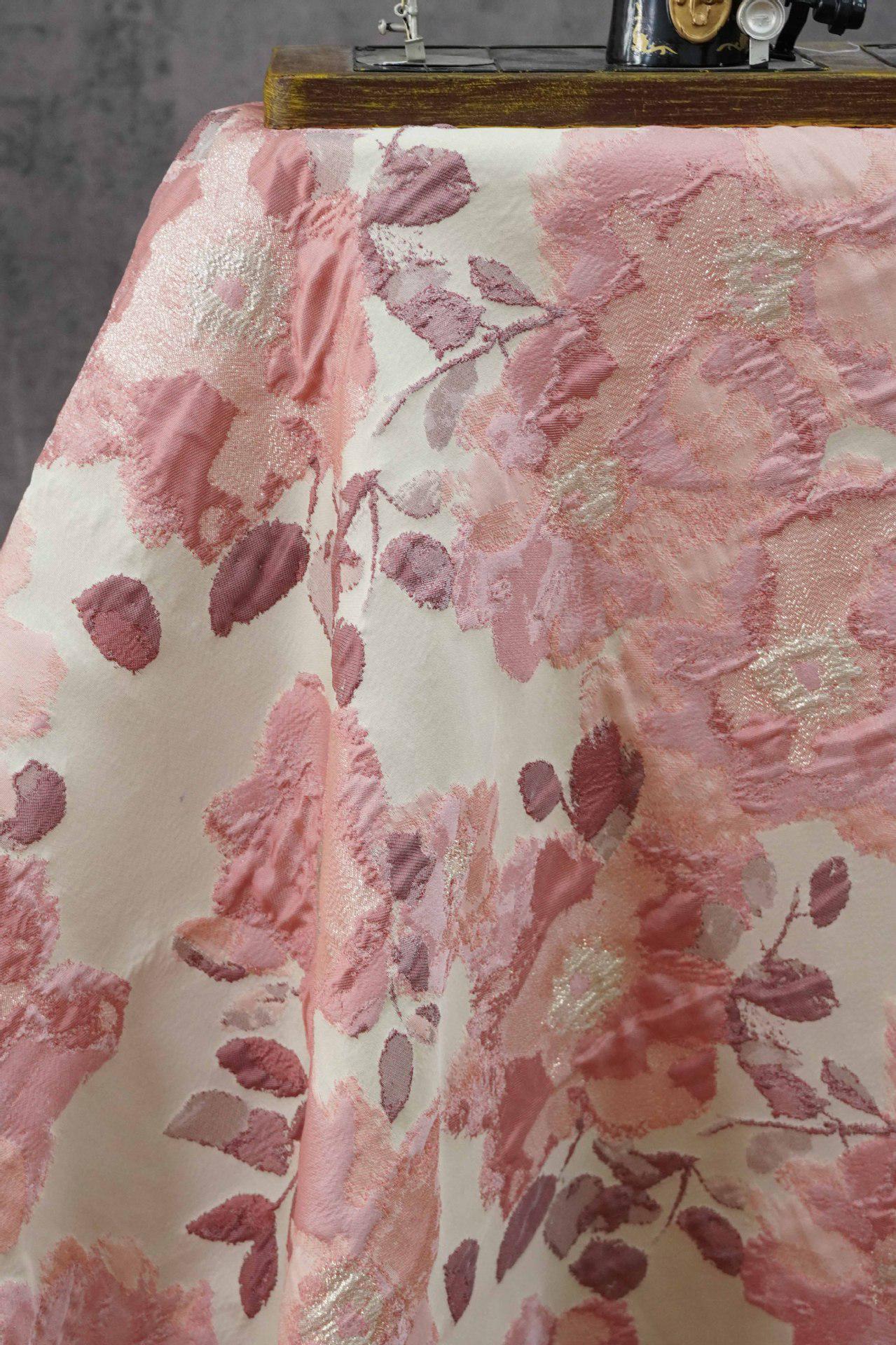 Pink Floral Jacquard Fabric, Oil Painting Style Embossed Flower Textile, Gold Metallic Woven Fabric, Vintage Dress Home Decor Material, 54"
