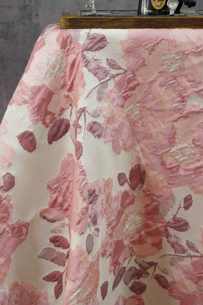 Pink Floral Jacquard Fabric, Oil Painting Style Embossed Flower Textile, Gold Metallic Woven Fabric, Vintage Dress Home Decor Material, 54"
