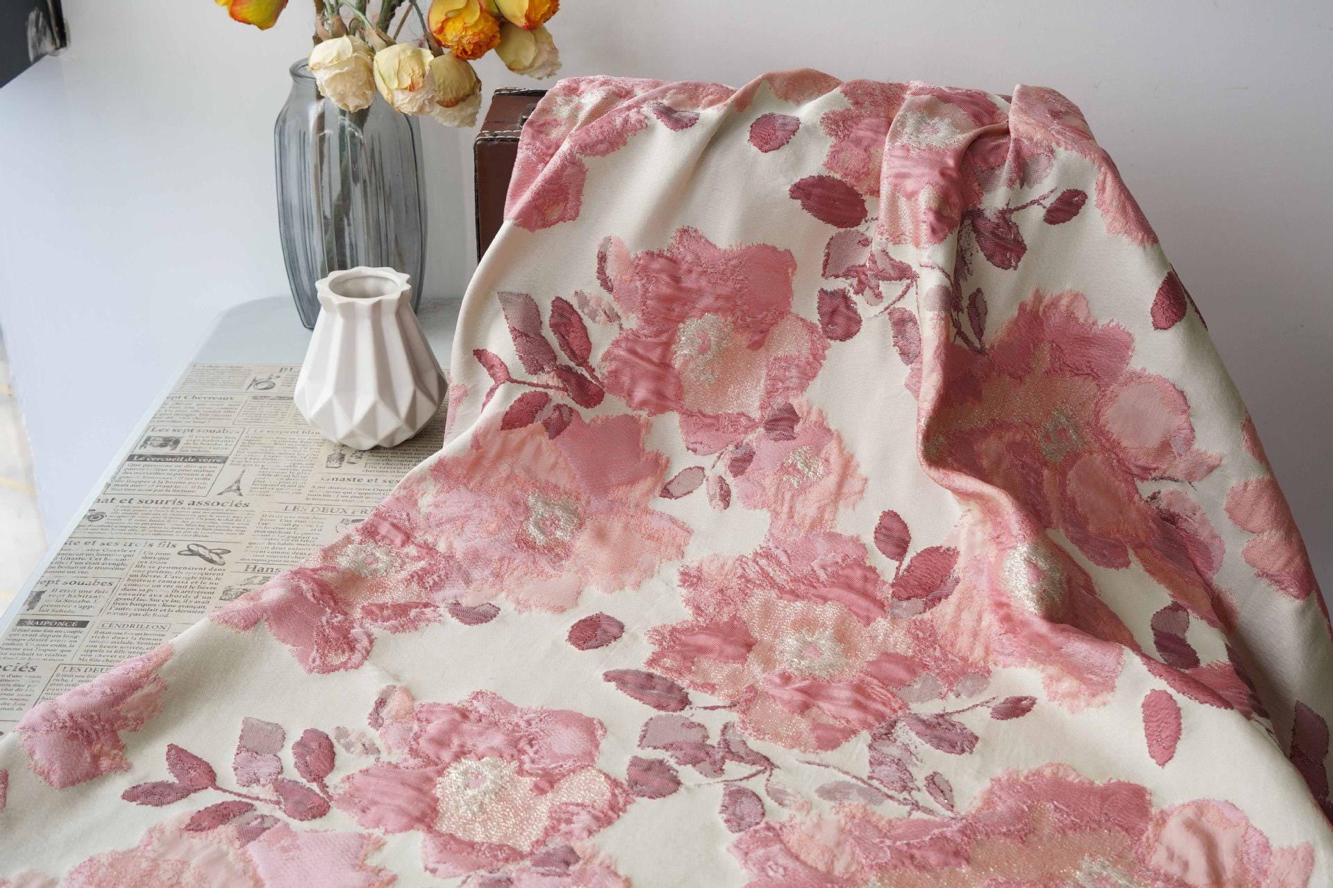 Pink Floral Jacquard Fabric, Oil Painting Style Embossed Flower Textile, Gold Metallic Woven Fabric, Vintage Dress Home Decor Material, 54"