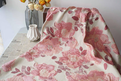 Pink Floral Jacquard Fabric, Oil Painting Style Embossed Flower Textile, Gold Metallic Woven Fabric, Vintage Dress Home Decor Material, 54"