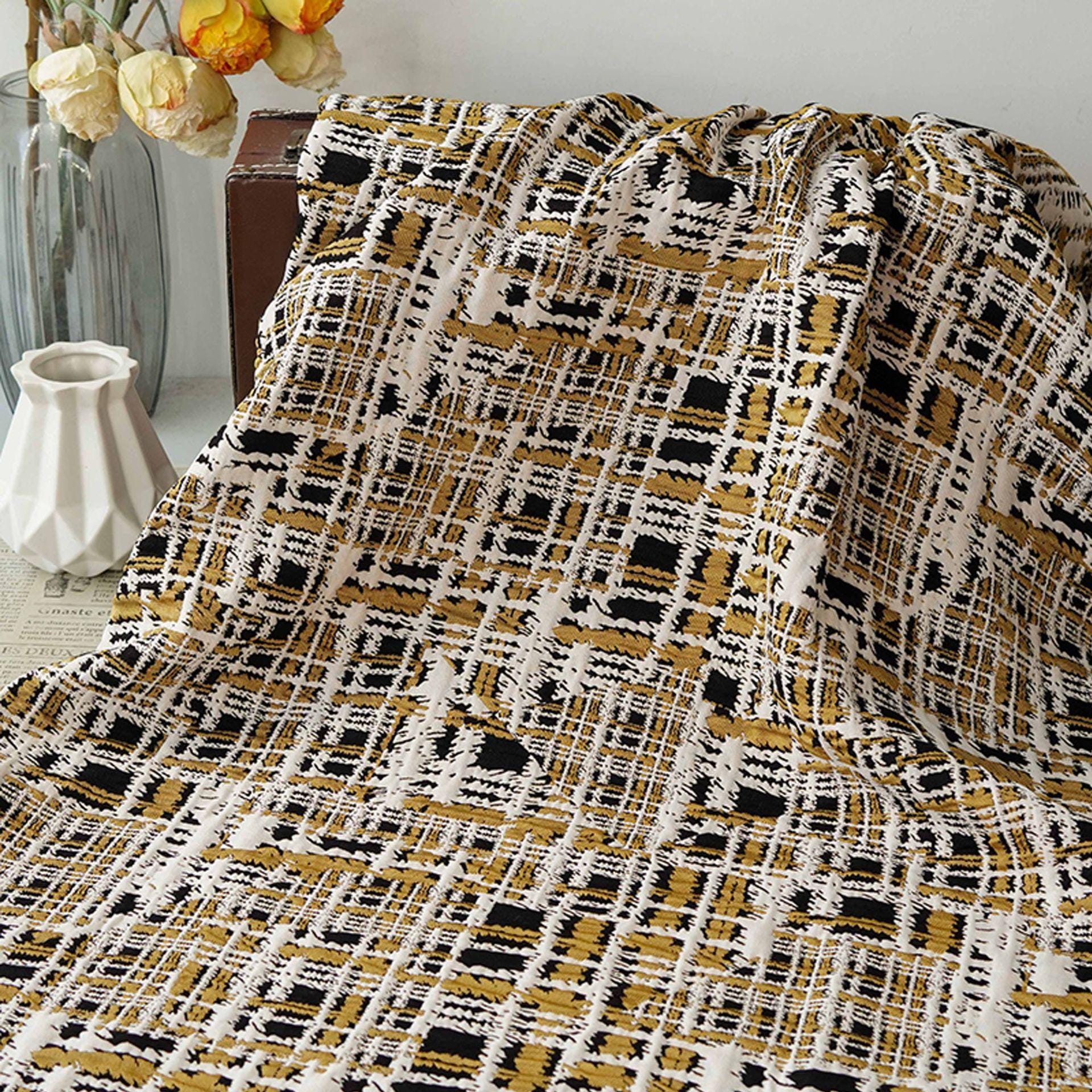 Vintage Chanel Style Jacquard Fabric, 3D Embossed Tweed Check Textile, Black Gold White Woven Fabric, Luxury Fashion Upholstery Material