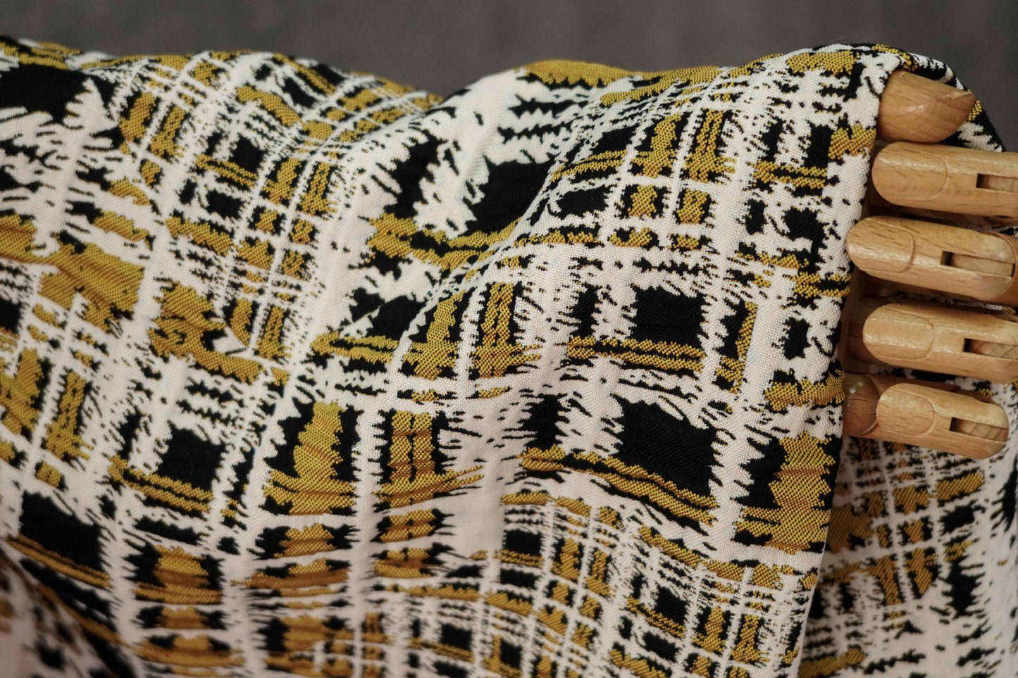 Vintage Chanel Style Jacquard Fabric, 3D Embossed Tweed Check Textile, Black Gold White Woven Fabric, Luxury Fashion Upholstery Material
