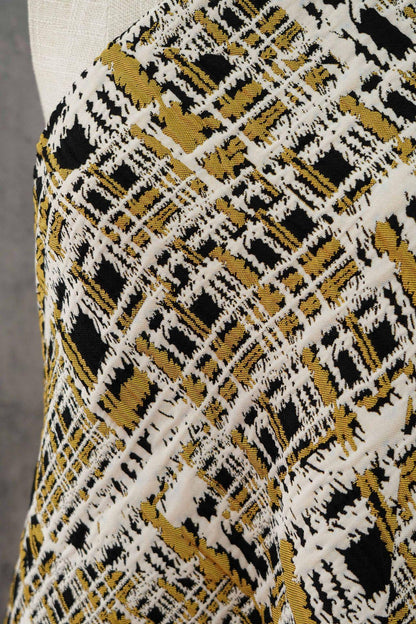 Vintage Chanel Style Jacquard Fabric, 3D Embossed Tweed Check Textile, Black Gold White Woven Fabric, Luxury Fashion Upholstery Material