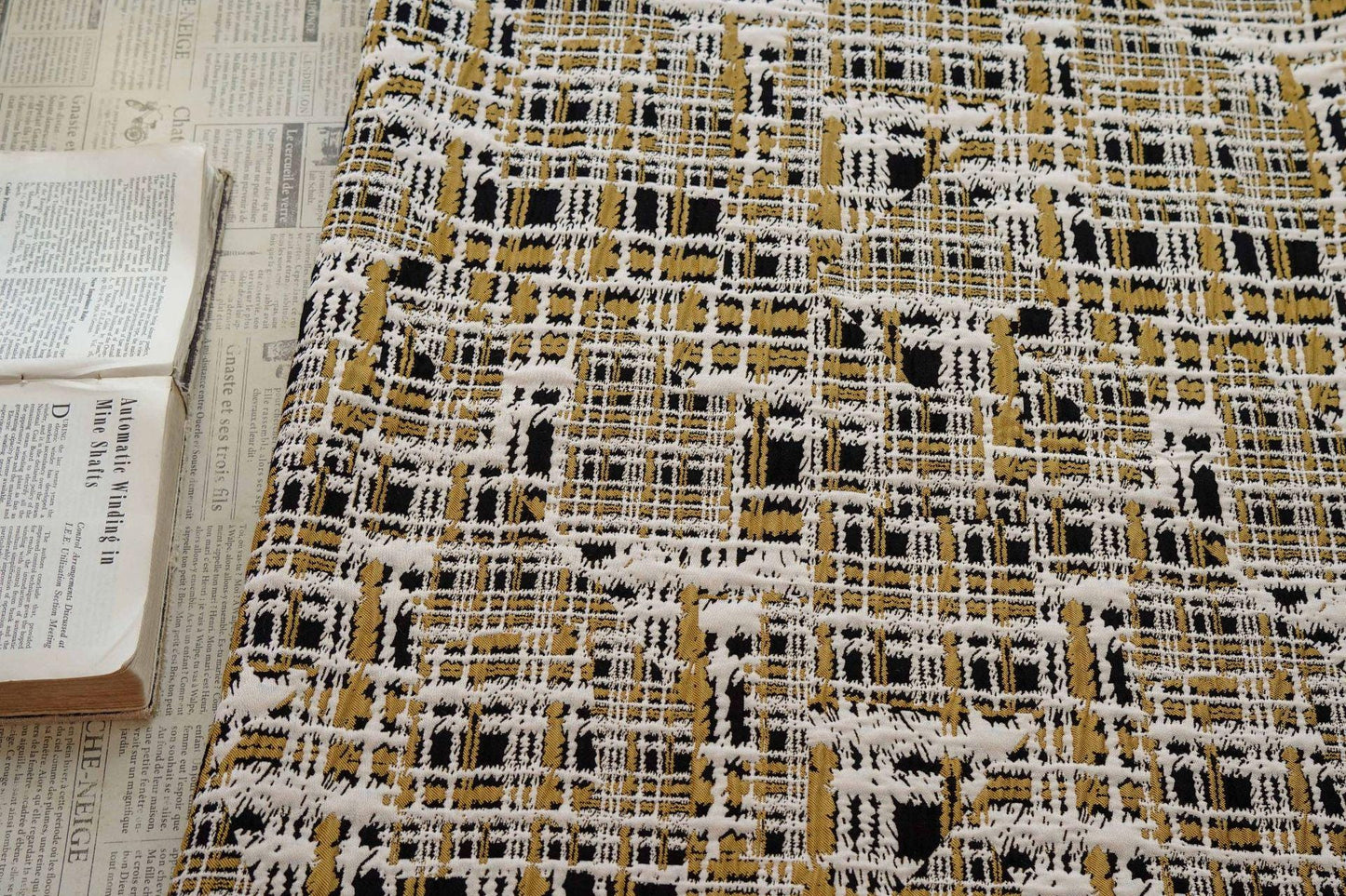 Vintage Chanel Style Jacquard Fabric, 3D Embossed Tweed Check Textile, Black Gold White Woven Fabric, Luxury Fashion Upholstery Material