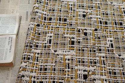 Vintage Chanel Style Jacquard Fabric, 3D Embossed Tweed Check Textile, Black Gold White Woven Fabric, Luxury Fashion Upholstery Material