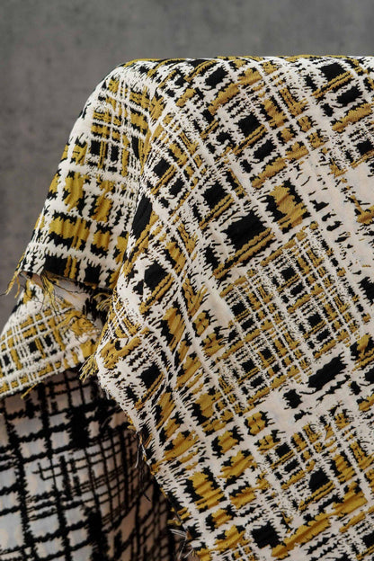 Vintage Chanel Style Jacquard Fabric, 3D Embossed Tweed Check Textile, Black Gold White Woven Fabric, Luxury Fashion Upholstery Material