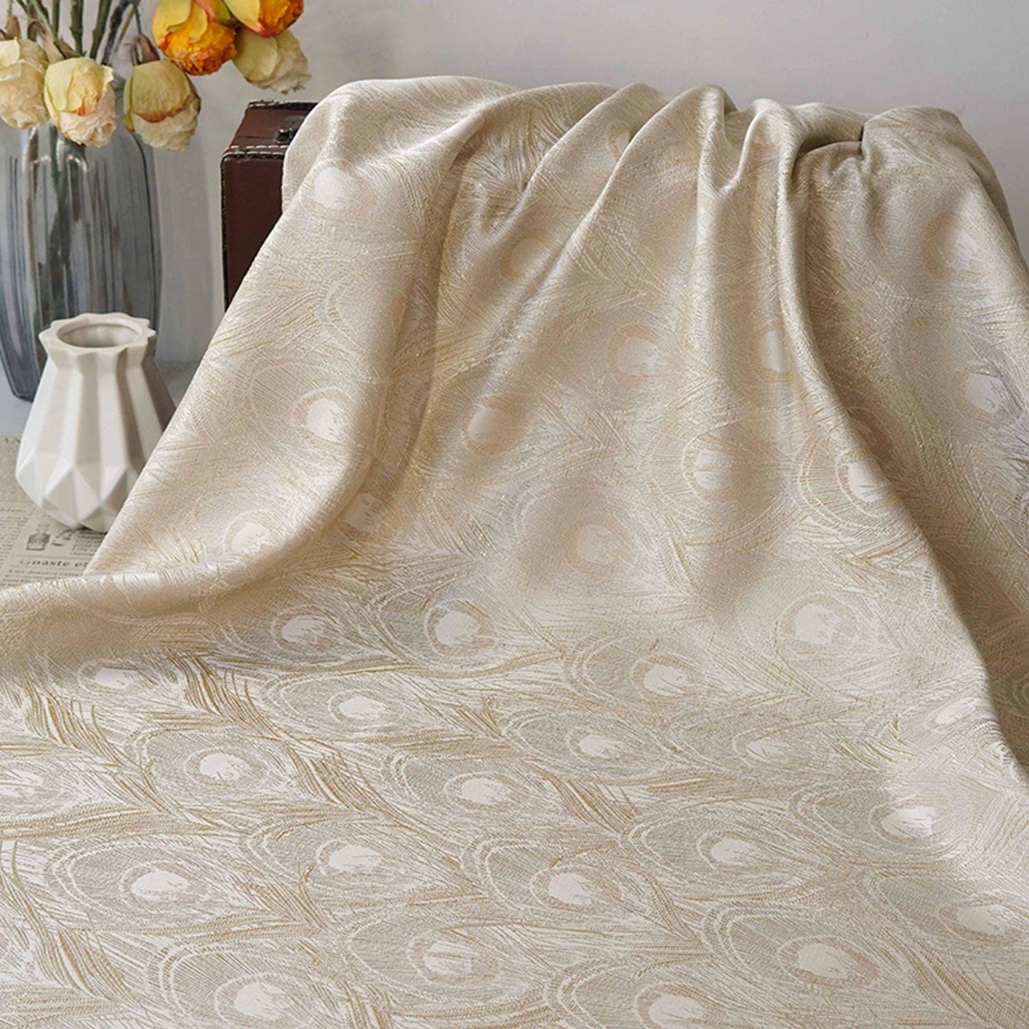 Peacock Feather Jacquard Fabric, Luxury Gold Metallic Woven Textile, Elegant Embossed Pattern Brocade Fabric for Dress, DIY Sewing