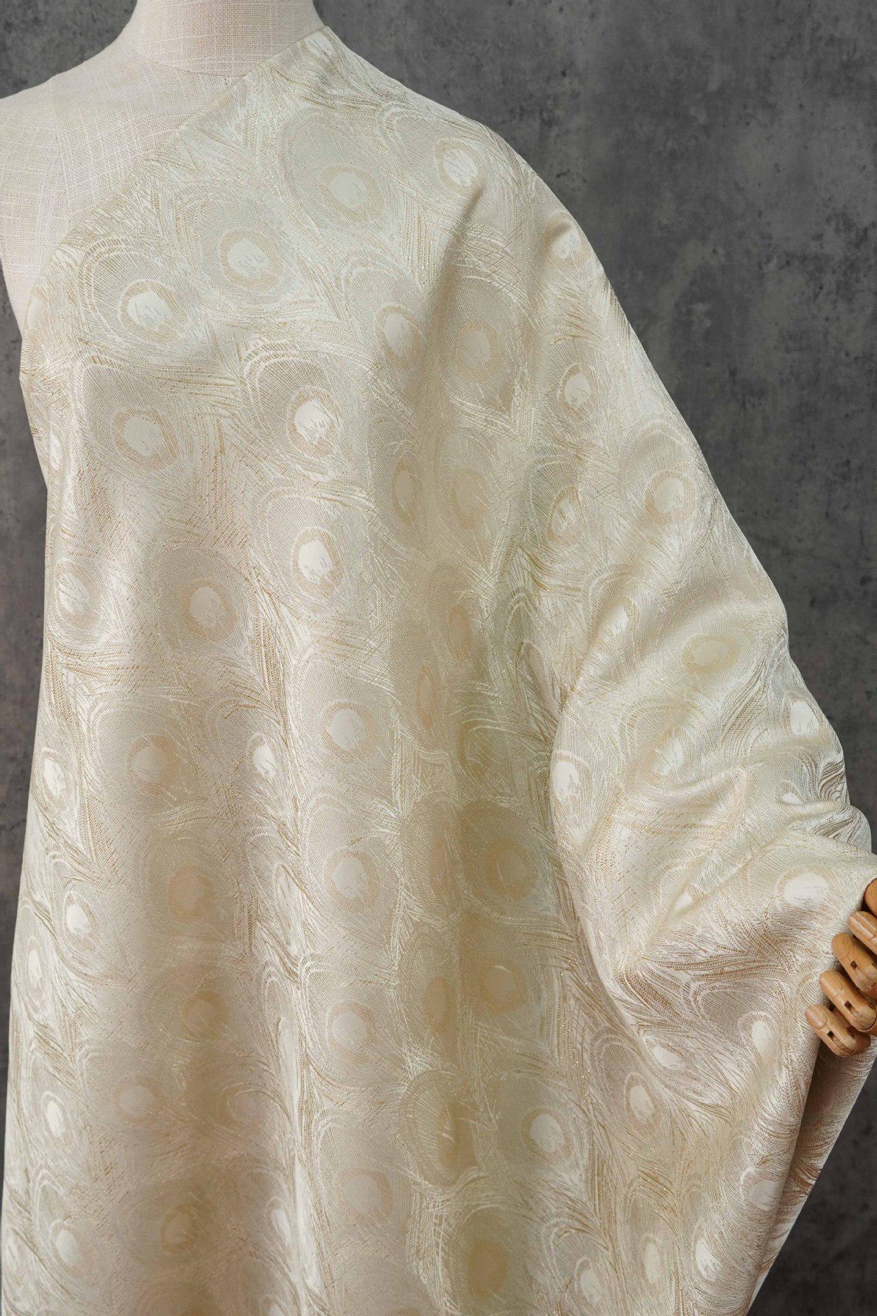 Peacock Feather Jacquard Fabric, Luxury Gold Metallic Woven Textile, Elegant Embossed Pattern Brocade Fabric for Dress, DIY Sewing