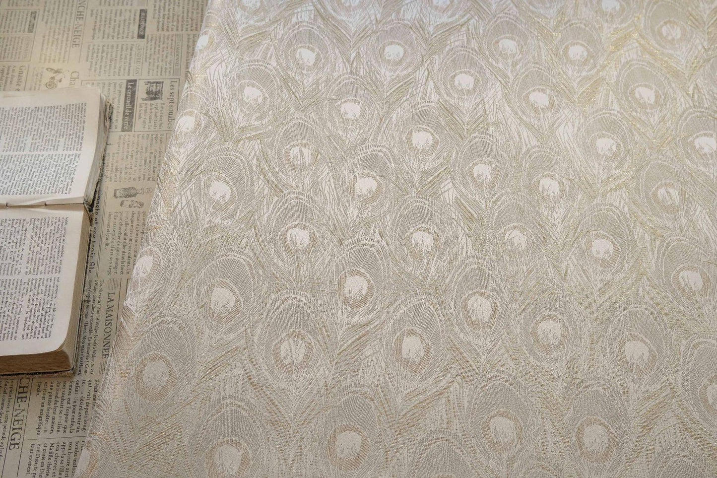 Peacock Feather Jacquard Fabric, Luxury Gold Metallic Woven Textile, Elegant Embossed Pattern Brocade Fabric for Dress, DIY Sewing