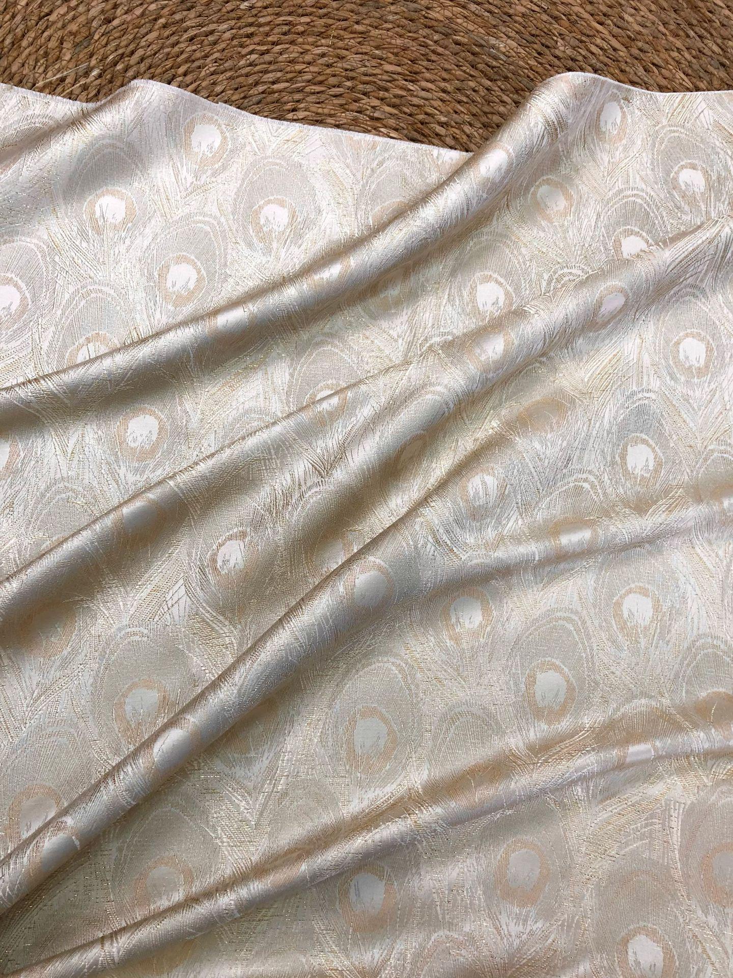 Peacock Feather Jacquard Fabric, Luxury Gold Metallic Woven Textile, Elegant Embossed Pattern Brocade Fabric for Dress, DIY Sewing