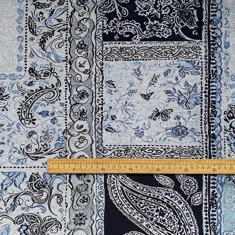 Blue Paisley Cotton Fabric, Vintage Floral Digital Print Textile, Boho Pattern Fabric for Dress, Shirt, Quilt, DIY Sewing Material
