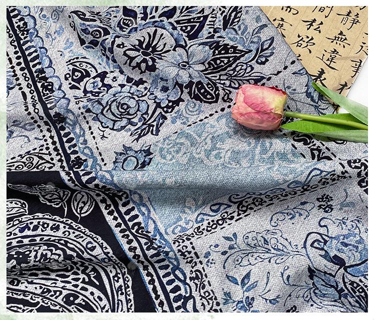 Blue Paisley Cotton Fabric, Vintage Floral Digital Print Textile, Boho Pattern Fabric for Dress, Shirt, Quilt, DIY Sewing Material