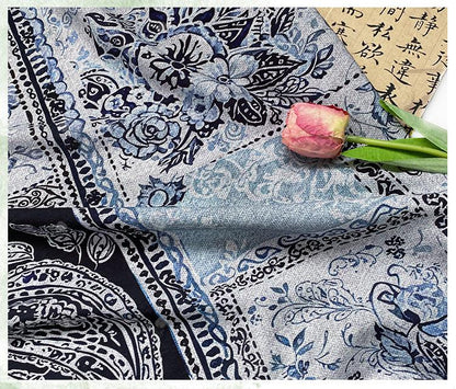 Blue Paisley Cotton Fabric, Vintage Floral Digital Print Textile, Boho Pattern Fabric for Dress, Shirt, Quilt, DIY Sewing Material