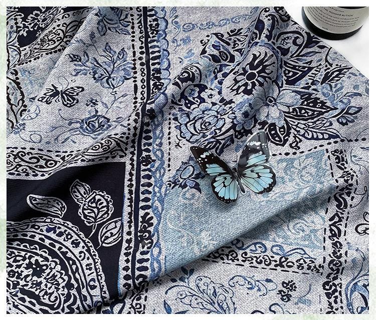 Blue Paisley Cotton Fabric, Vintage Floral Digital Print Textile, Boho Pattern Fabric for Dress, Shirt, Quilt, DIY Sewing Material