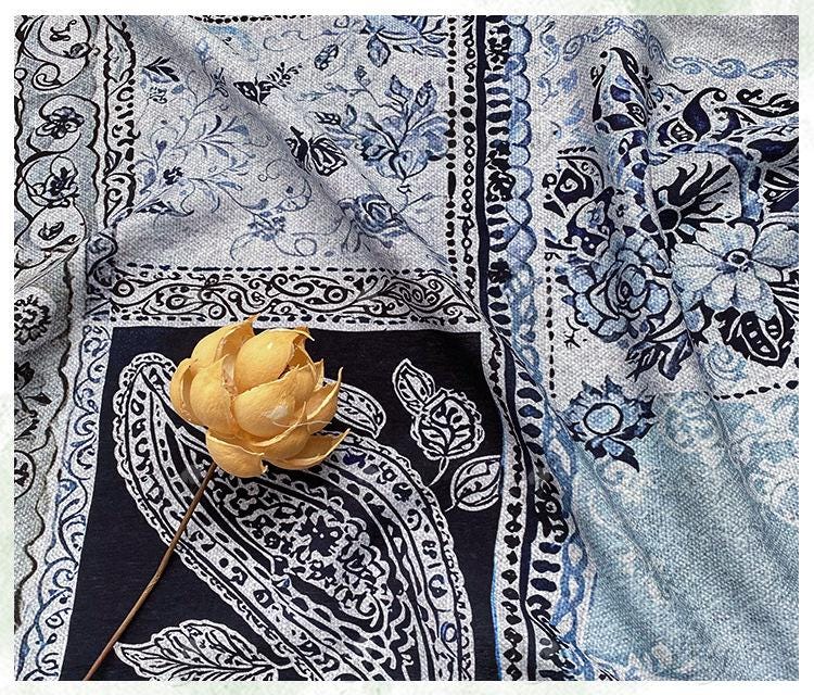 Blue Paisley Cotton Fabric, Vintage Floral Digital Print Textile, Boho Pattern Fabric for Dress, Shirt, Quilt, DIY Sewing Material