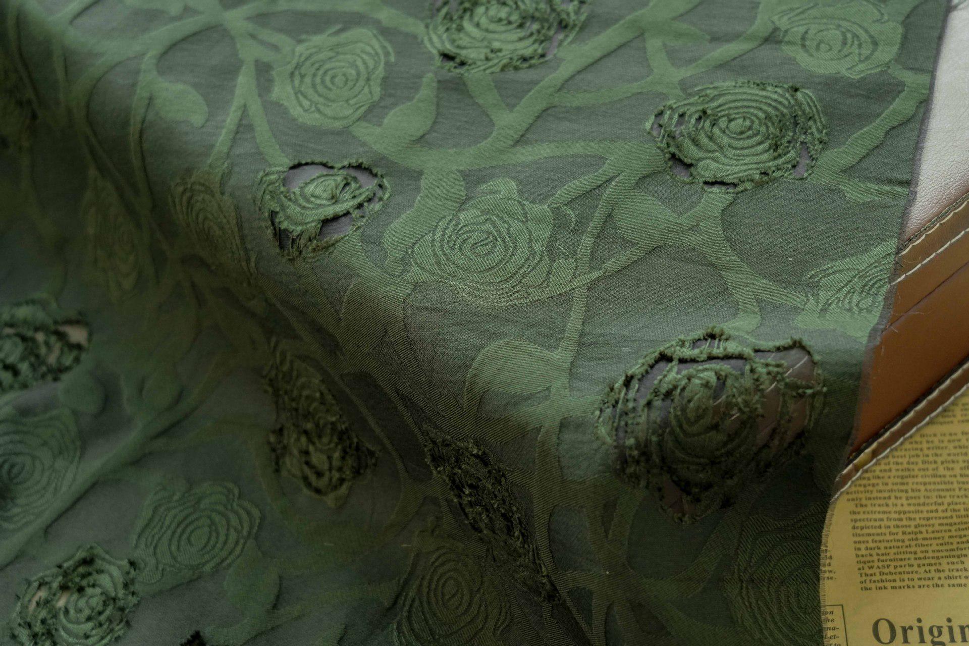 Vintage Rose Cutwork Jacquard Fabric, Embossed Floral Woven Textile, Dark Green Brocade Fabric for Dress, Jacket, DIY Sewing, 53"Wide