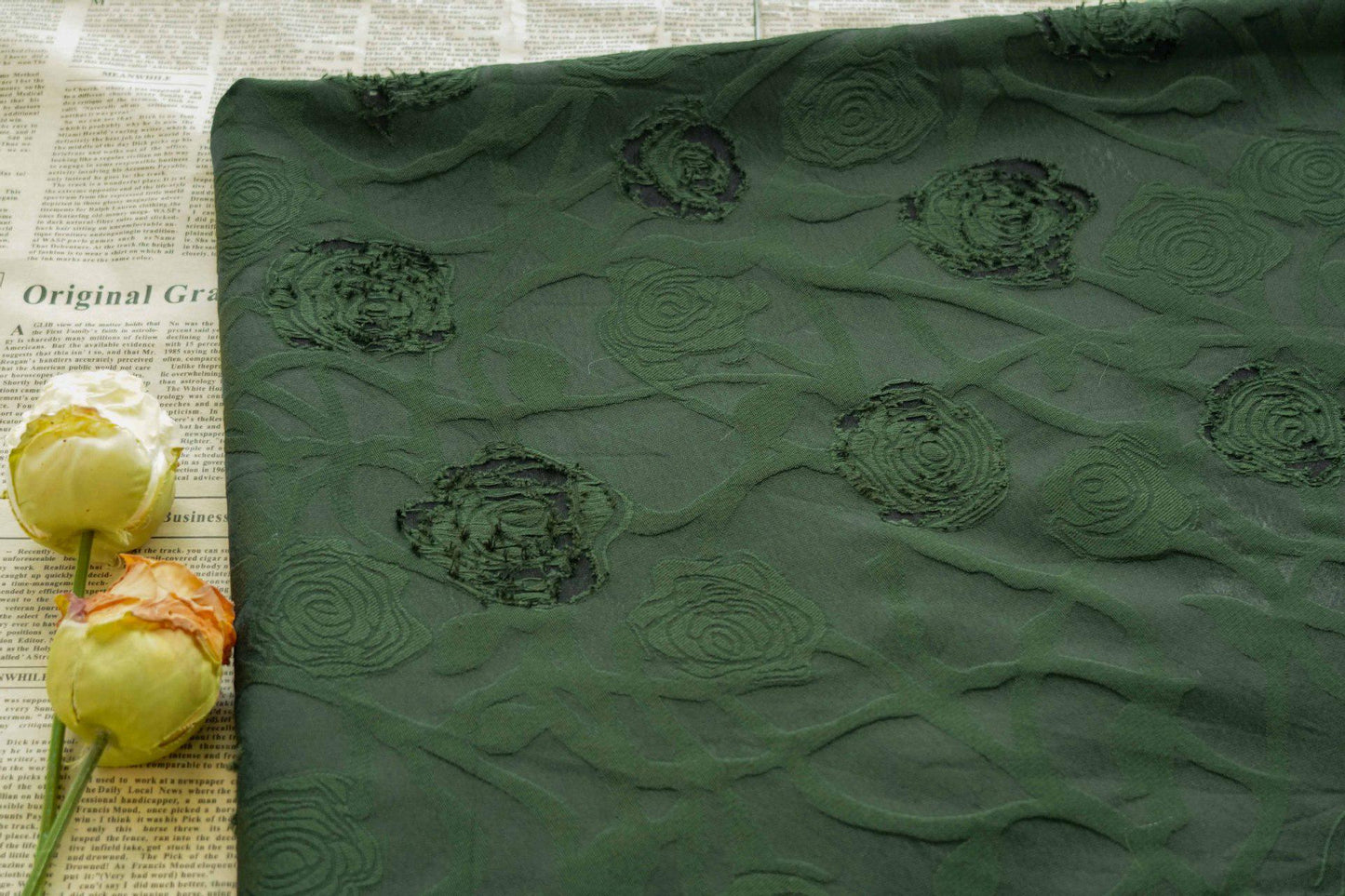Vintage Rose Cutwork Jacquard Fabric, Embossed Floral Woven Textile, Dark Green Brocade Fabric for Dress, Jacket, DIY Sewing, 53"Wide