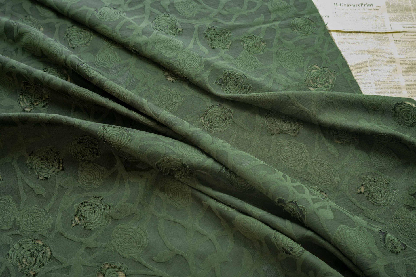 Vintage Rose Cutwork Jacquard Fabric, Embossed Floral Woven Textile, Dark Green Brocade Fabric for Dress, Jacket, DIY Sewing, 53"Wide