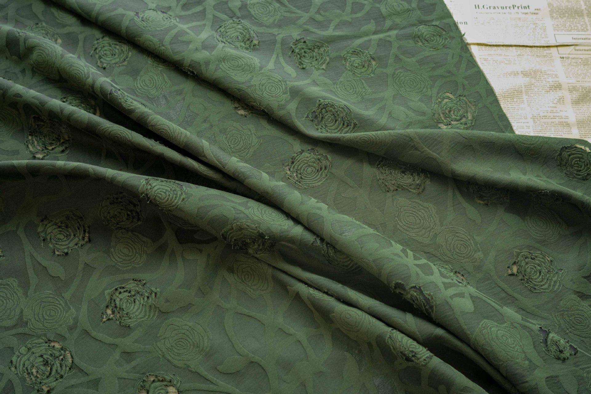Vintage Rose Cutwork Jacquard Fabric, Embossed Floral Woven Textile, Dark Green Brocade Fabric for Dress, Jacket, DIY Sewing, 53"Wide