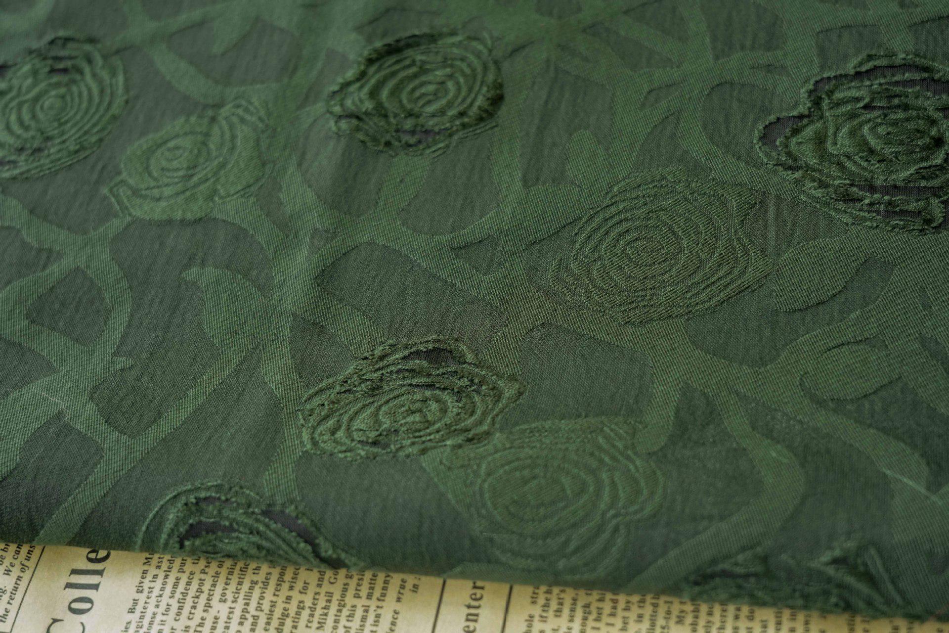 Vintage Rose Cutwork Jacquard Fabric, Embossed Floral Woven Textile, Dark Green Brocade Fabric for Dress, Jacket, DIY Sewing, 53"Wide