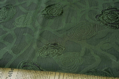 Vintage Rose Cutwork Jacquard Fabric, Embossed Floral Woven Textile, Dark Green Brocade Fabric for Dress, Jacket, DIY Sewing, 53"Wide