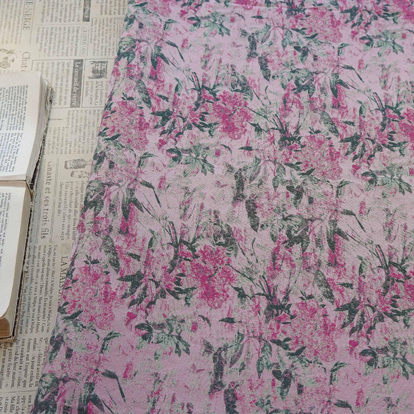 Vintage Pink Floral Jacquard Fabric, Watercolor Botanical Woven Textile, Retro Flower Fabric for Dress, Blouse, Sewing DIY, 56"Wide