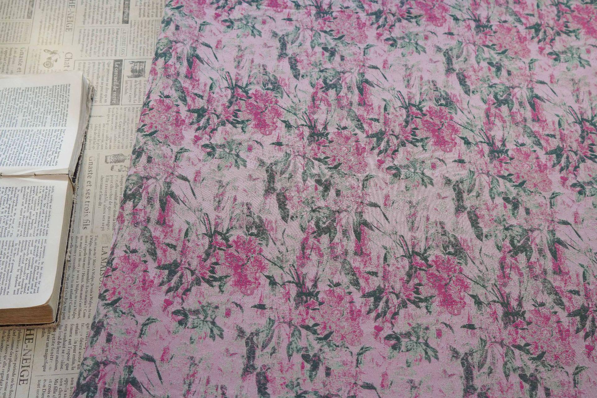 Vintage Pink Floral Jacquard Fabric, Watercolor Botanical Woven Textile, Retro Flower Fabric for Dress, Blouse, Sewing DIY, 56"Wide