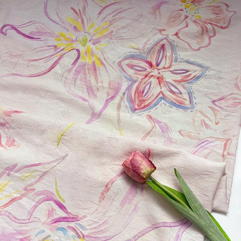 Pastel Floral Cotton Fabric, Watercolor Flower Printed Textile, Soft Romantic Fabric for Dress, Blouse, Quilting, Sewing DIY