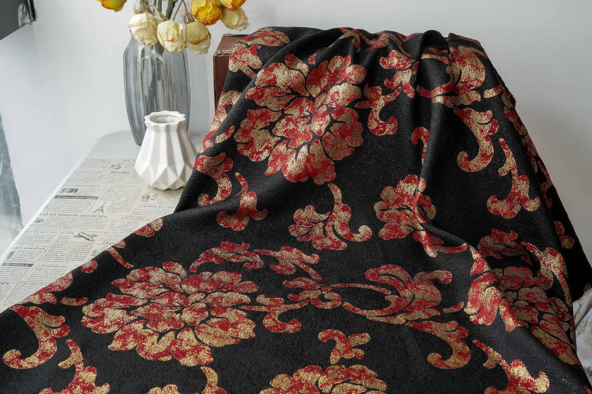 Vintage Gold Thread Peony Jacquard Fabric, Embossed Floral Brocade Textile, Chinese Style Luxury Fabric for Dress, Costume DIY, 56"Wide