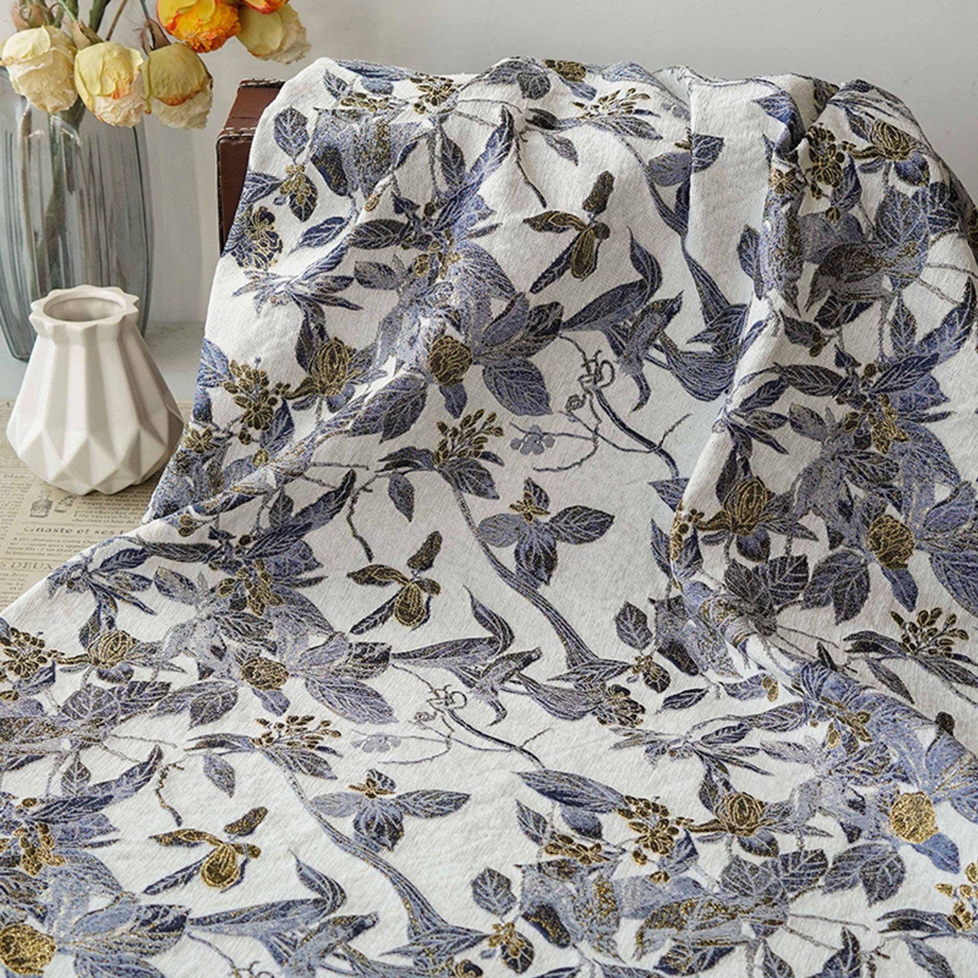 Chinese Floral Bird Jacquard Fabric, Gold Thread Embossed Woven Textile, Vintage Botanical Brocade Fabric for Qipao Dress DIY, 58"Wide