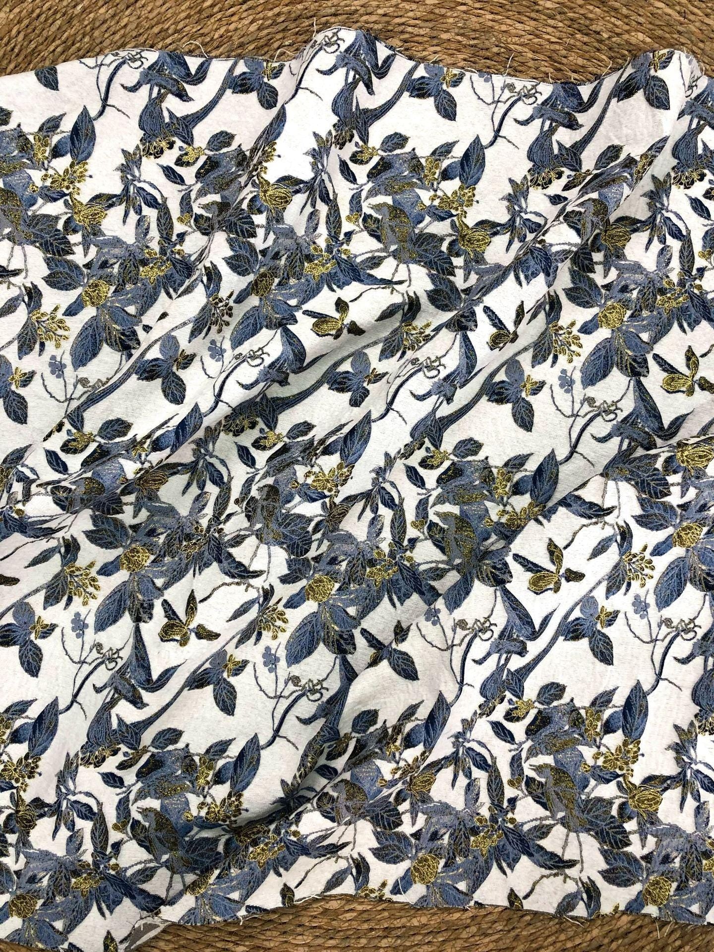 Chinese Floral Bird Jacquard Fabric, Gold Thread Embossed Woven Textile, Vintage Botanical Brocade Fabric for Qipao Dress DIY, 58"Wide