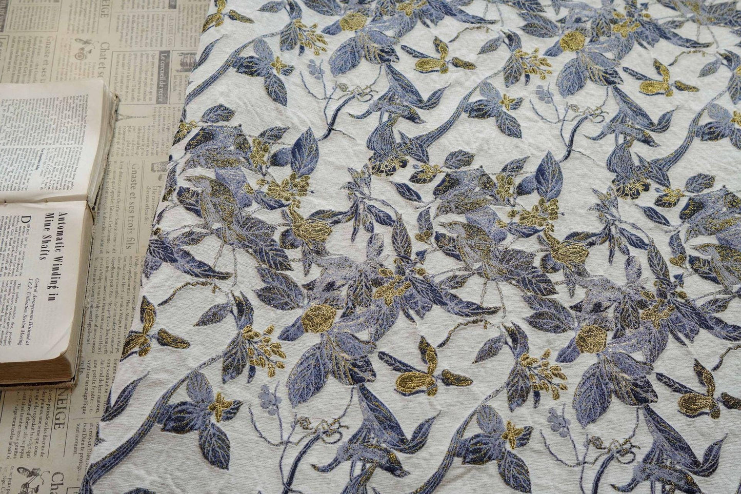 Chinese Floral Bird Jacquard Fabric, Gold Thread Embossed Woven Textile, Vintage Botanical Brocade Fabric for Qipao Dress DIY, 58"Wide
