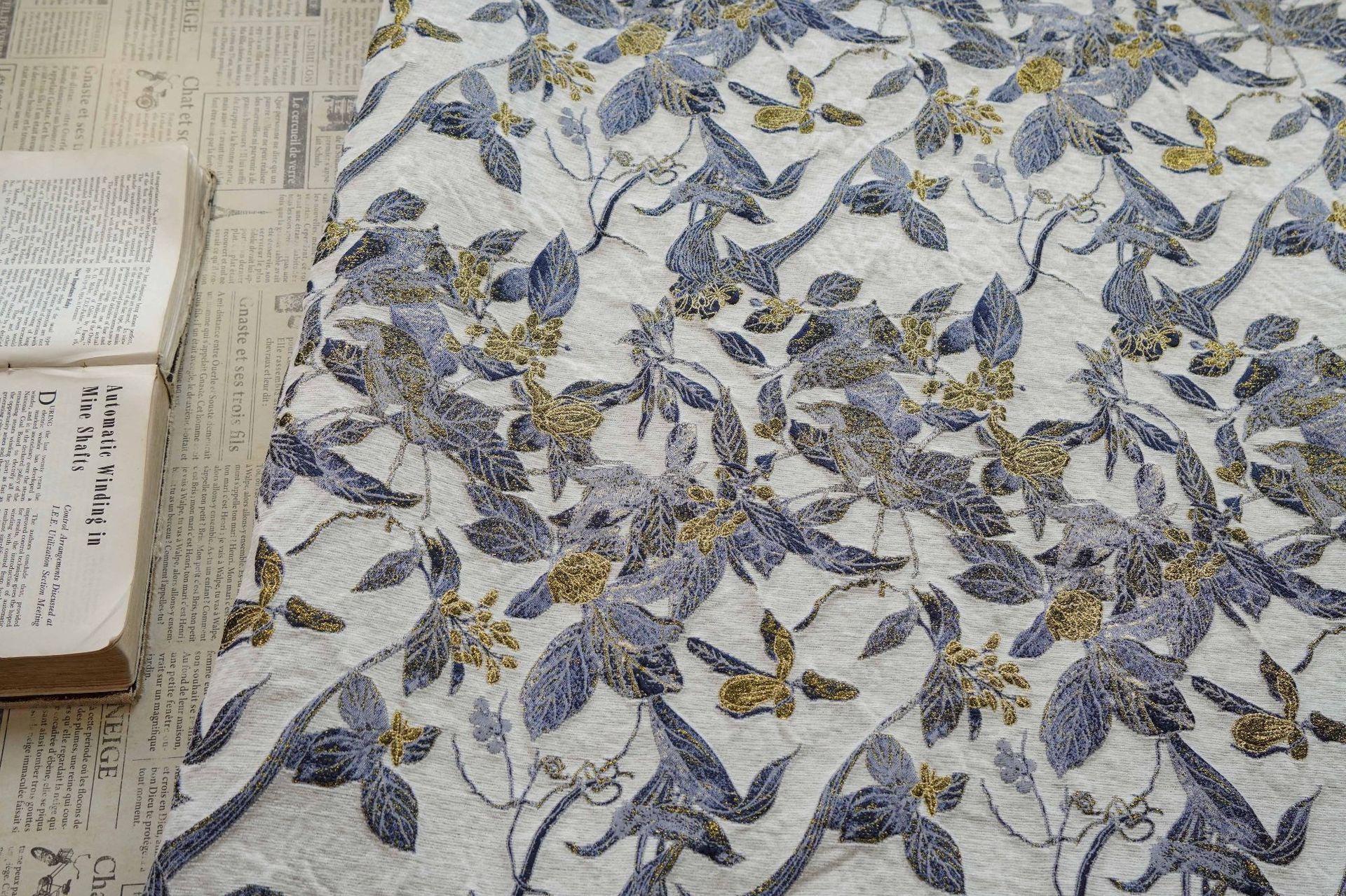Chinese Floral Bird Jacquard Fabric, Gold Thread Embossed Woven Textile, Vintage Botanical Brocade Fabric for Qipao Dress DIY, 58"Wide