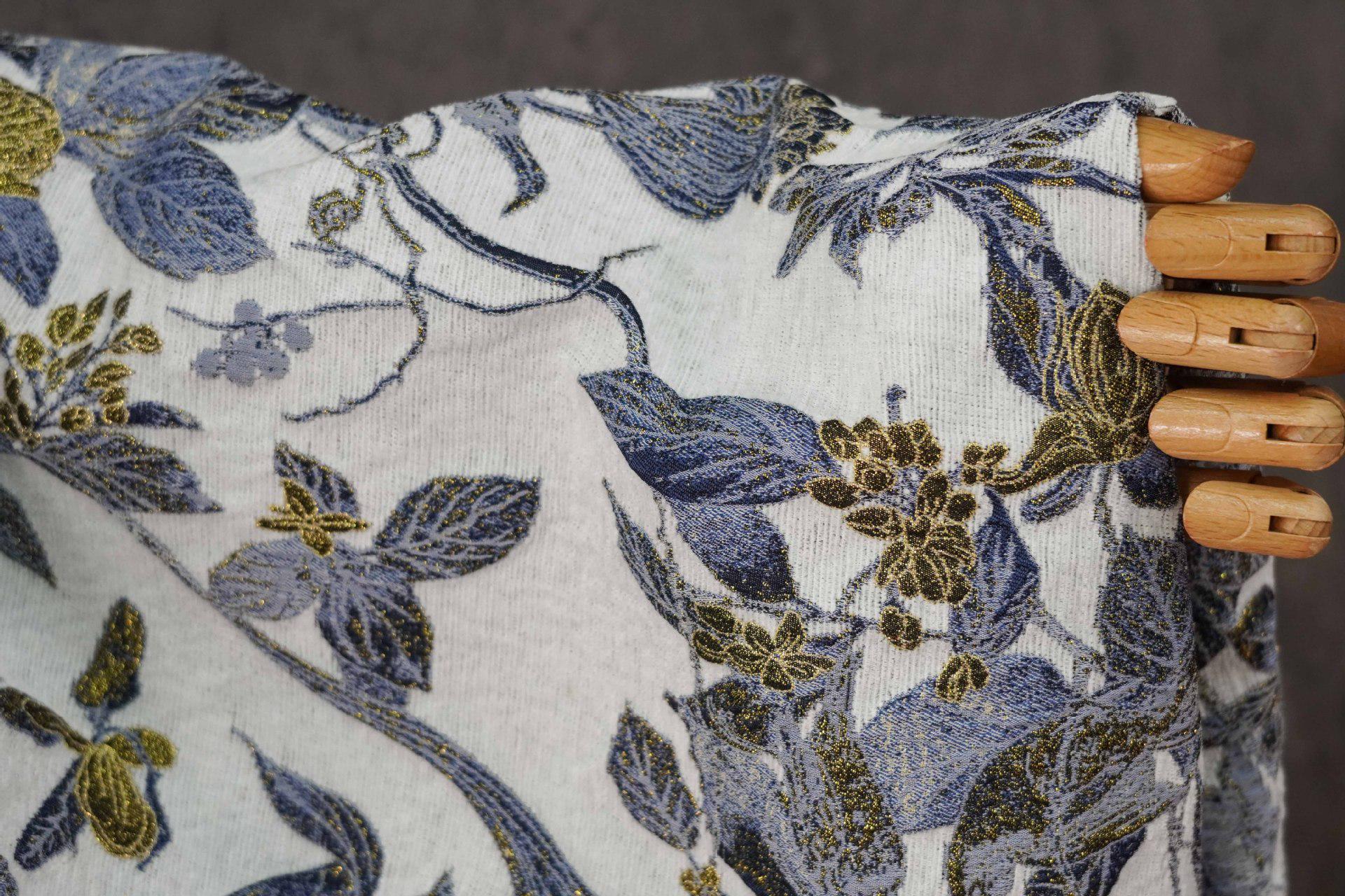 Chinese Floral Bird Jacquard Fabric, Gold Thread Embossed Woven Textile, Vintage Botanical Brocade Fabric for Qipao Dress DIY, 58"Wide