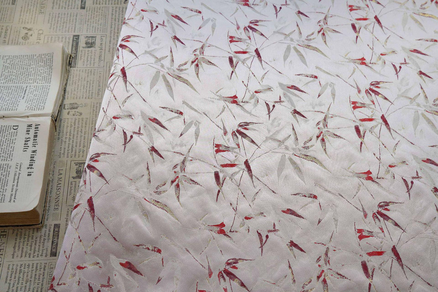 Song-Style Brocade Fabric, Ink Wash Red Bamboo Gold Thread Jacquard, White Chinese Fabric for Qipao, Hanfu, Dress & Decor, 64"Wide