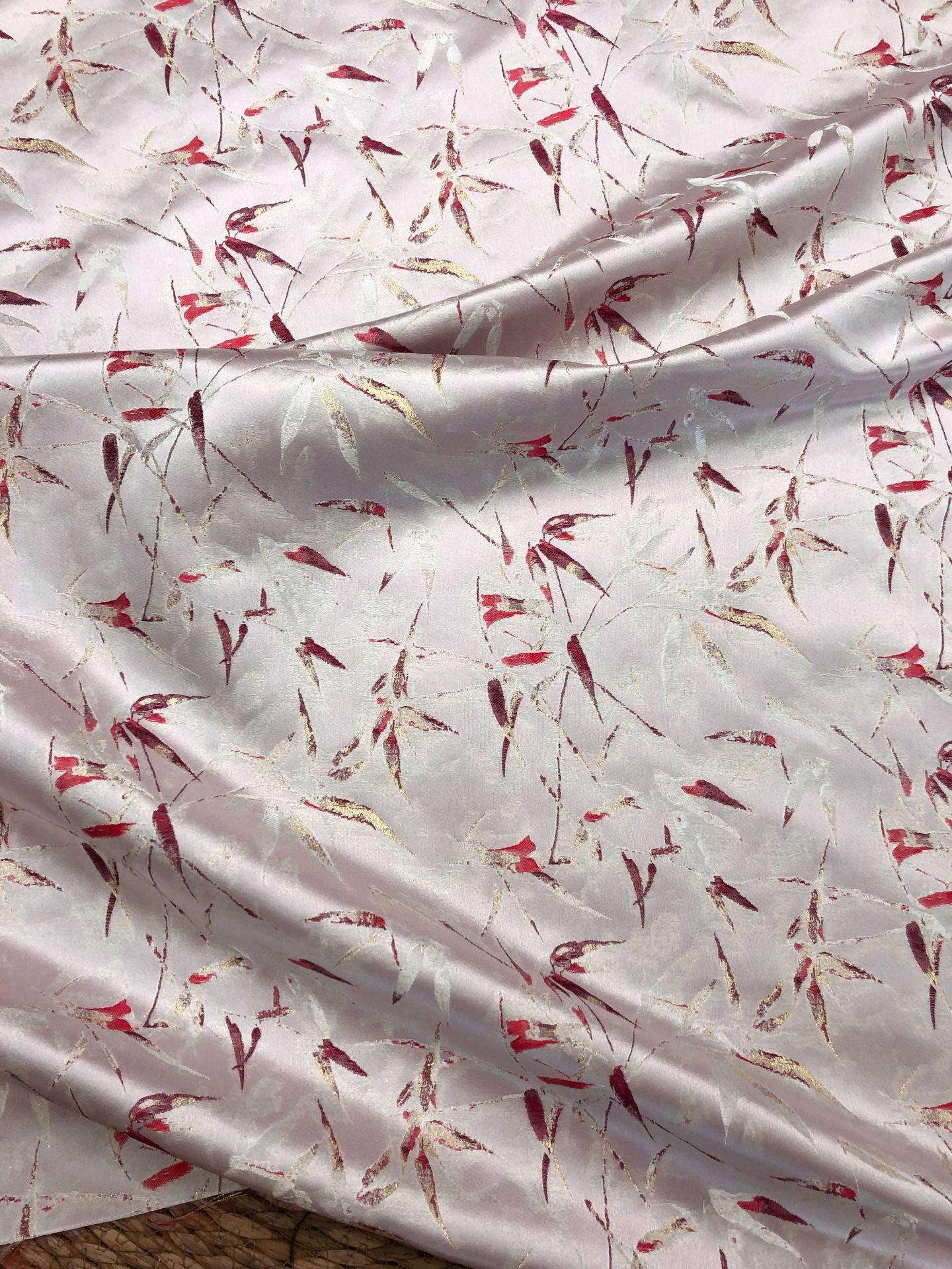 Song-Style Brocade Fabric, Ink Wash Red Bamboo Gold Thread Jacquard, White Chinese Fabric for Qipao, Hanfu, Dress & Decor, 64"Wide