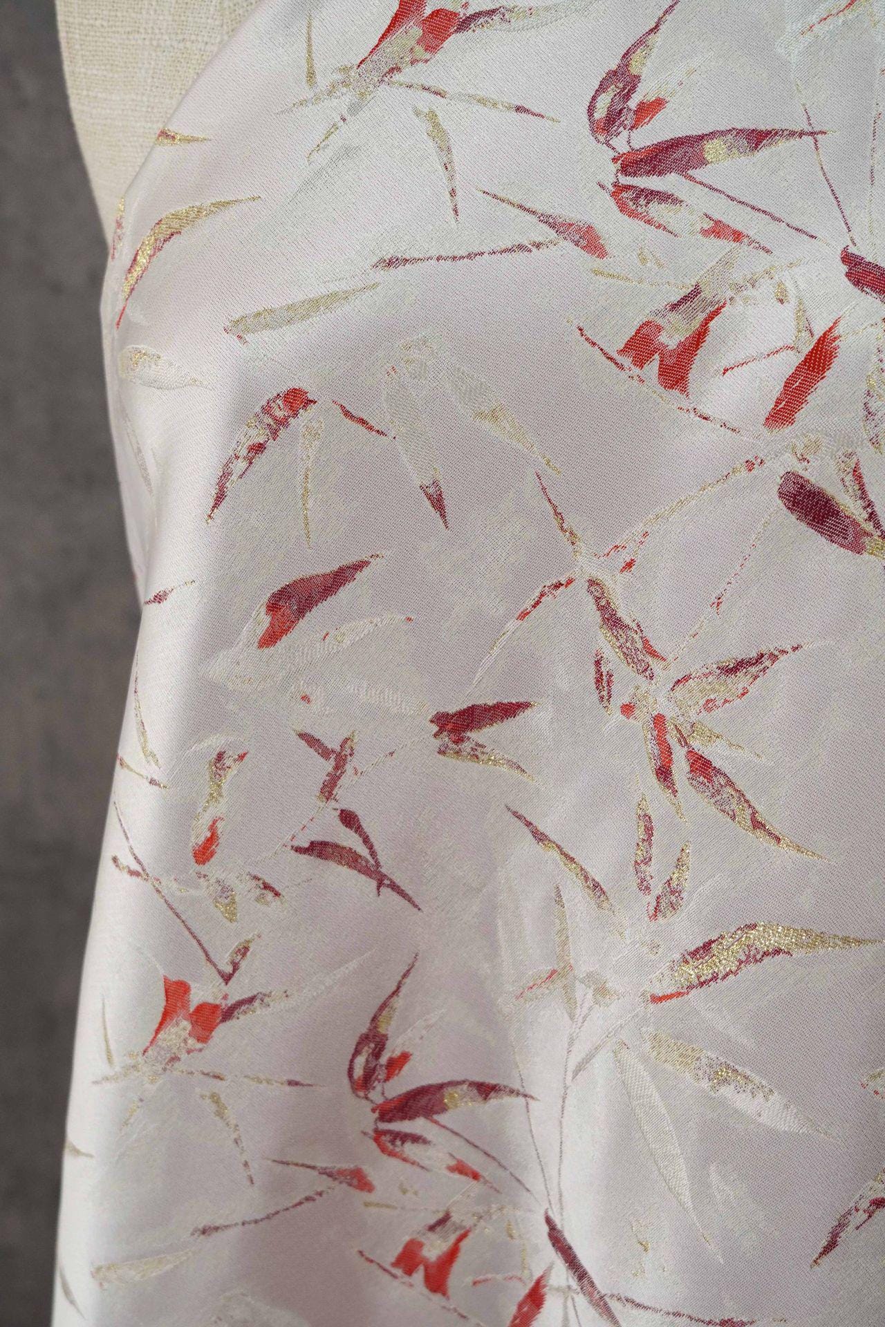 Song-Style Brocade Fabric, Ink Wash Red Bamboo Gold Thread Jacquard, White Chinese Fabric for Qipao, Hanfu, Dress & Decor, 64"Wide