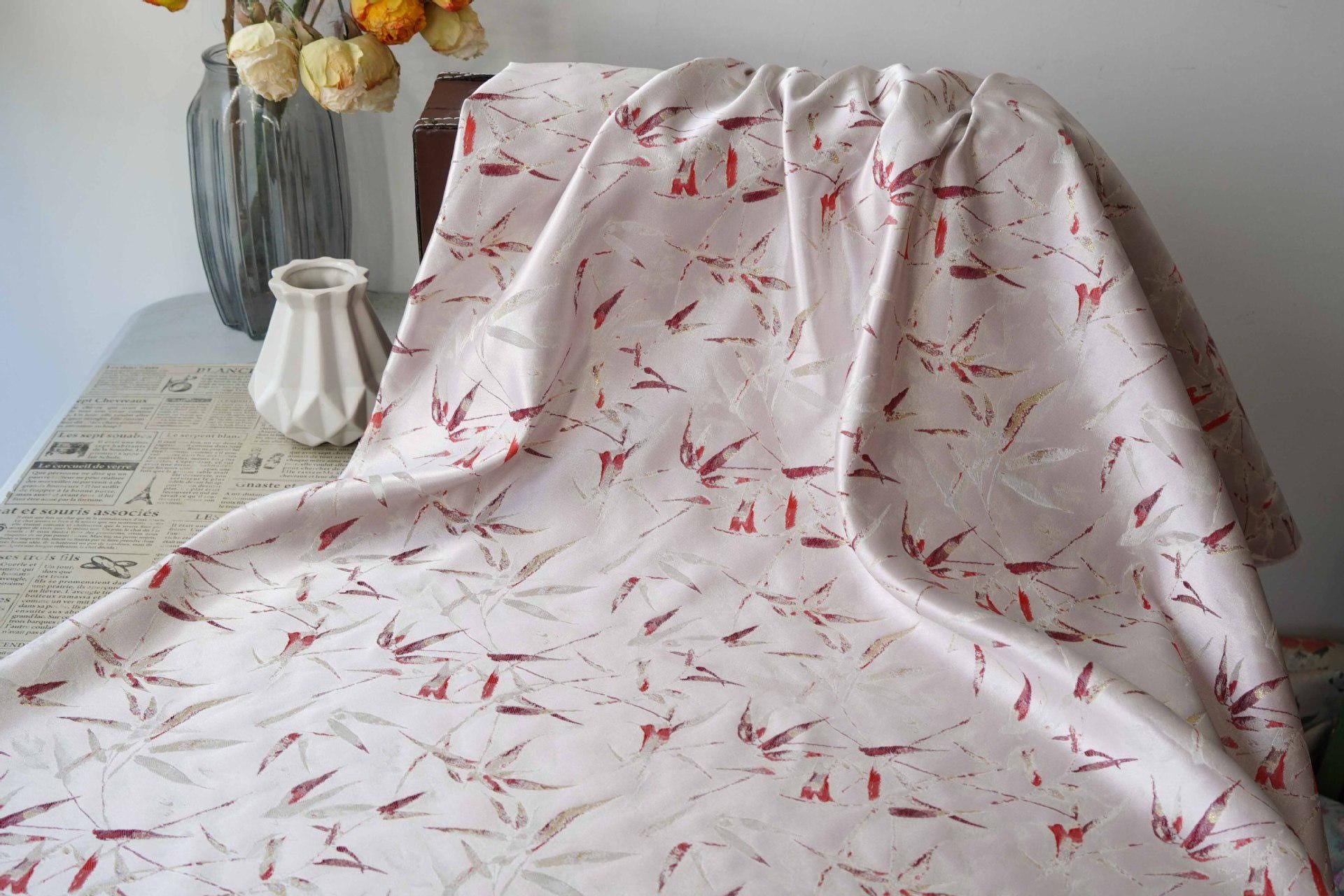 Song-Style Brocade Fabric, Ink Wash Red Bamboo Gold Thread Jacquard, White Chinese Fabric for Qipao, Hanfu, Dress & Decor, 64"Wide