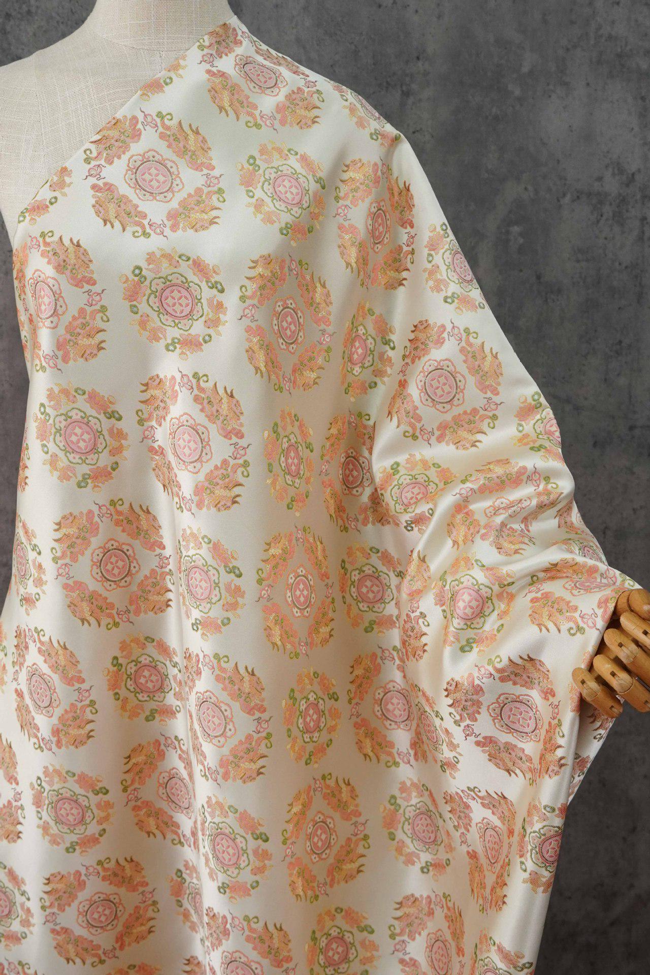 Chinese Jacquard Brocade Fabric, Pink Pixiu Koi Floral Medallion, Metallic Gold Thread, Qipao Hanfu Sewing Fabric, 64"Wide