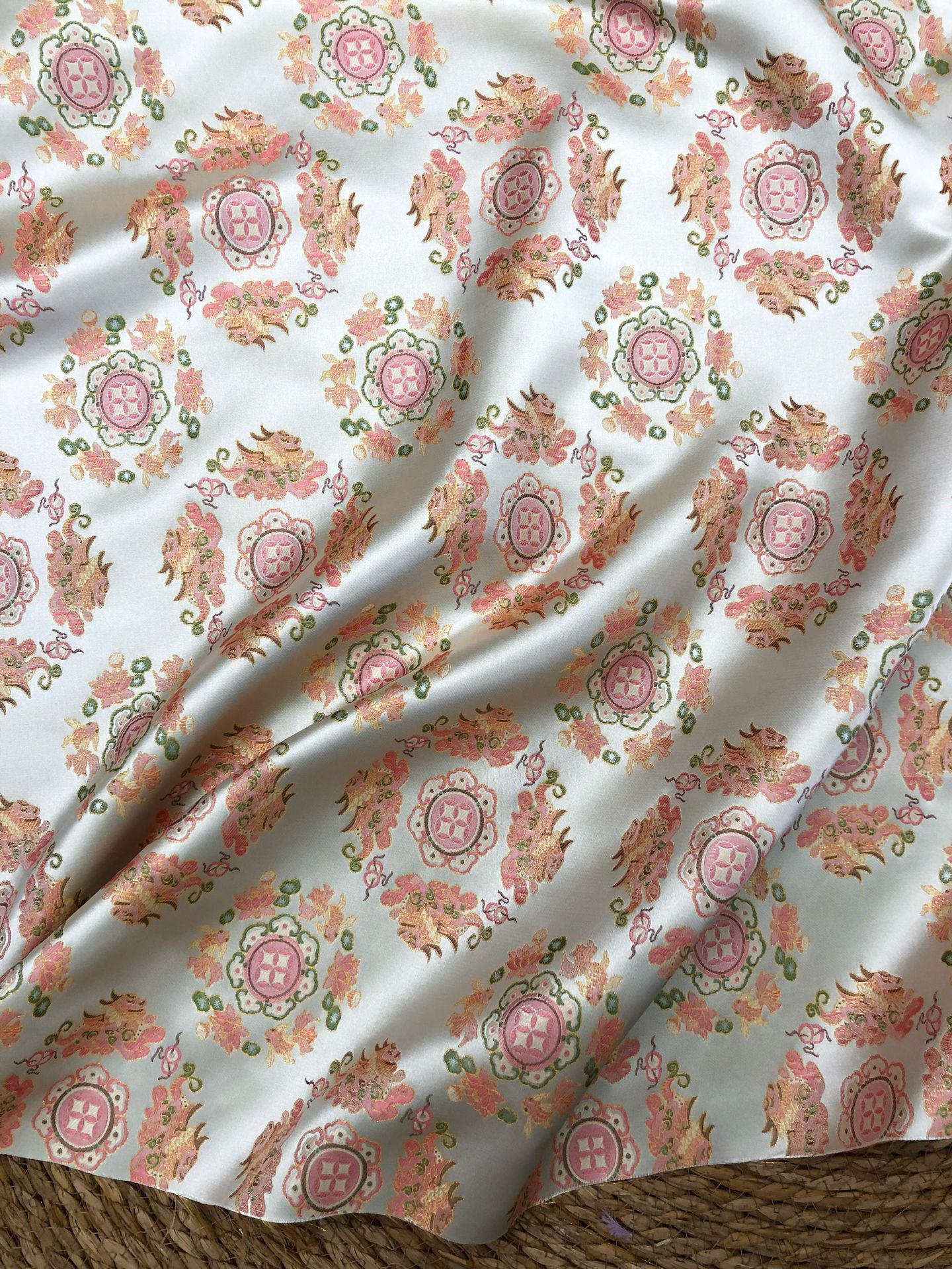Chinese Jacquard Brocade Fabric, Pink Pixiu Koi Floral Medallion, Metallic Gold Thread, Qipao Hanfu Sewing Fabric, 64"Wide