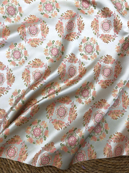 Chinese Jacquard Brocade Fabric, Pink Pixiu Koi Floral Medallion, Metallic Gold Thread, Qipao Hanfu Sewing Fabric, 64"Wide