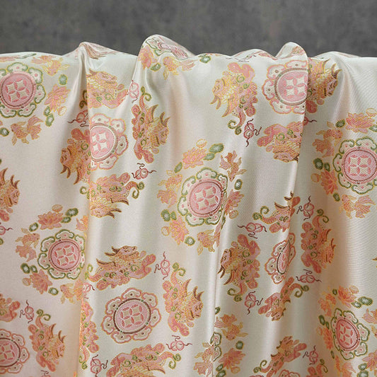 Chinese Jacquard Brocade Fabric, Pink Pixiu Koi Floral Medallion, Metallic Gold Thread, Qipao Hanfu Sewing Fabric, 64"Wide
