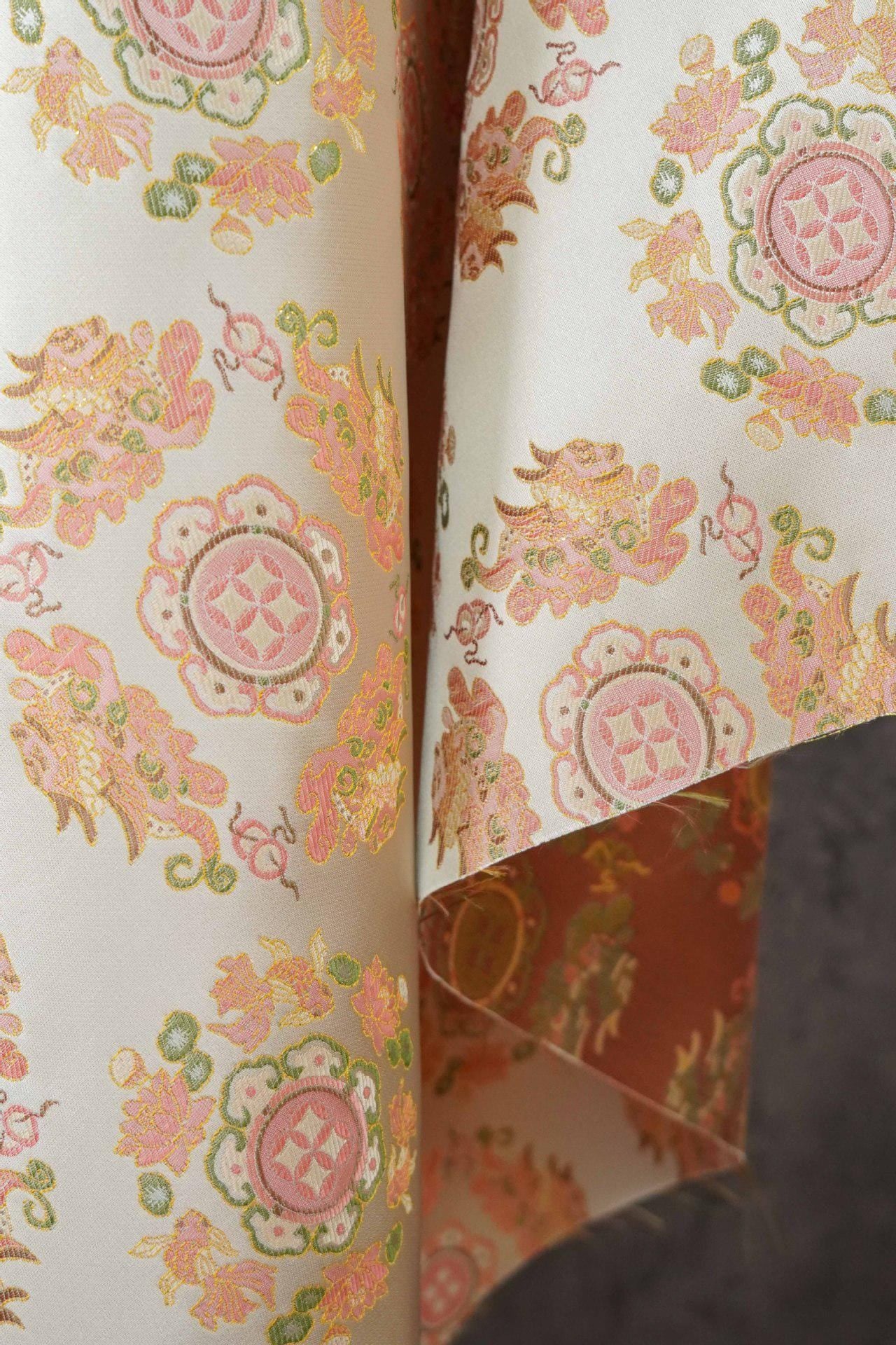 Chinese Jacquard Brocade Fabric, Pink Pixiu Koi Floral Medallion, Metallic Gold Thread, Qipao Hanfu Sewing Fabric, 64"Wide