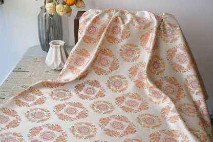 Chinese Jacquard Brocade Fabric, Pink Pixiu Koi Floral Medallion, Metallic Gold Thread, Qipao Hanfu Sewing Fabric, 64"Wide