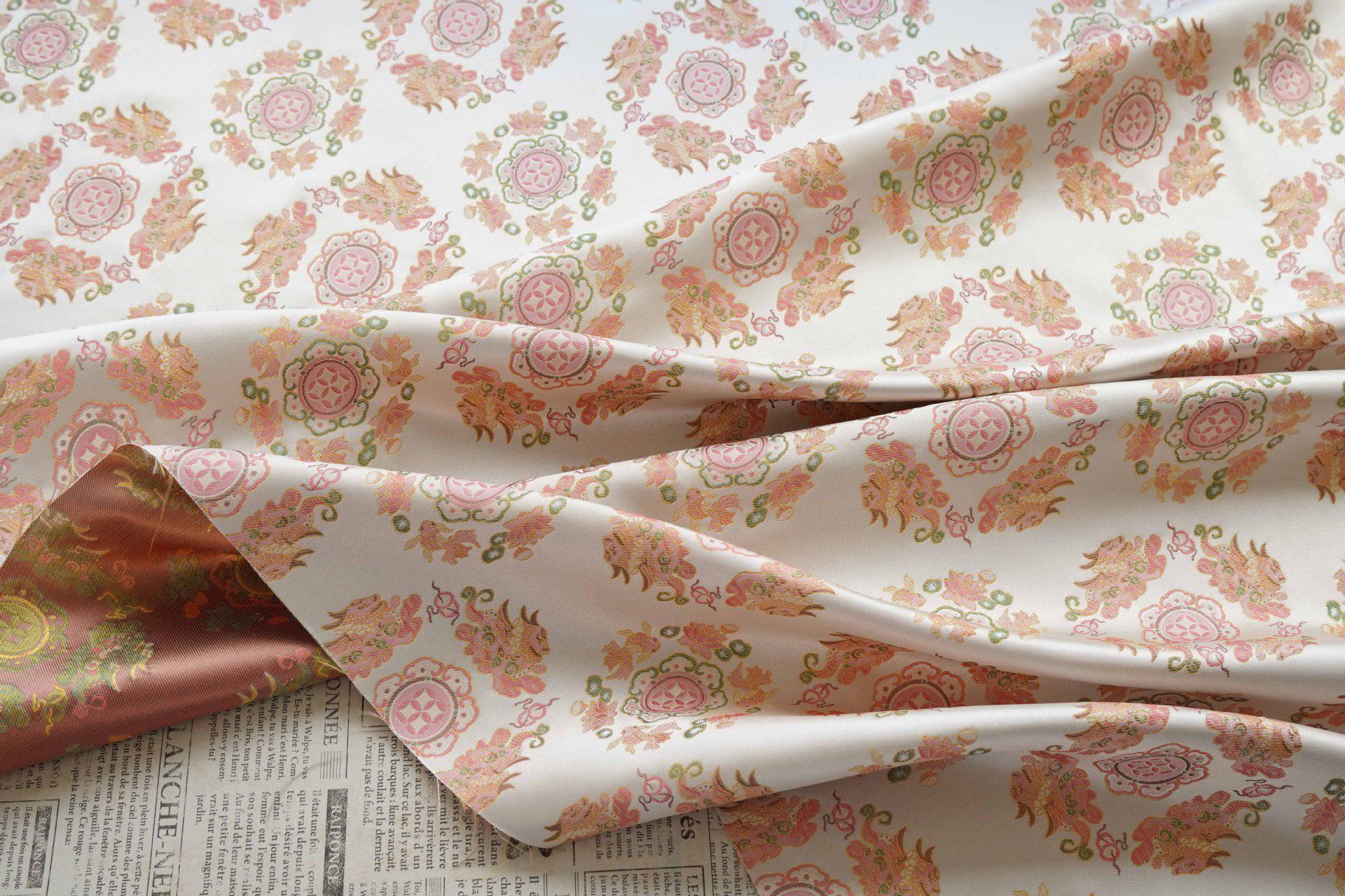Chinese Jacquard Brocade Fabric, Pink Pixiu Koi Floral Medallion, Metallic Gold Thread, Qipao Hanfu Sewing Fabric, 64"Wide