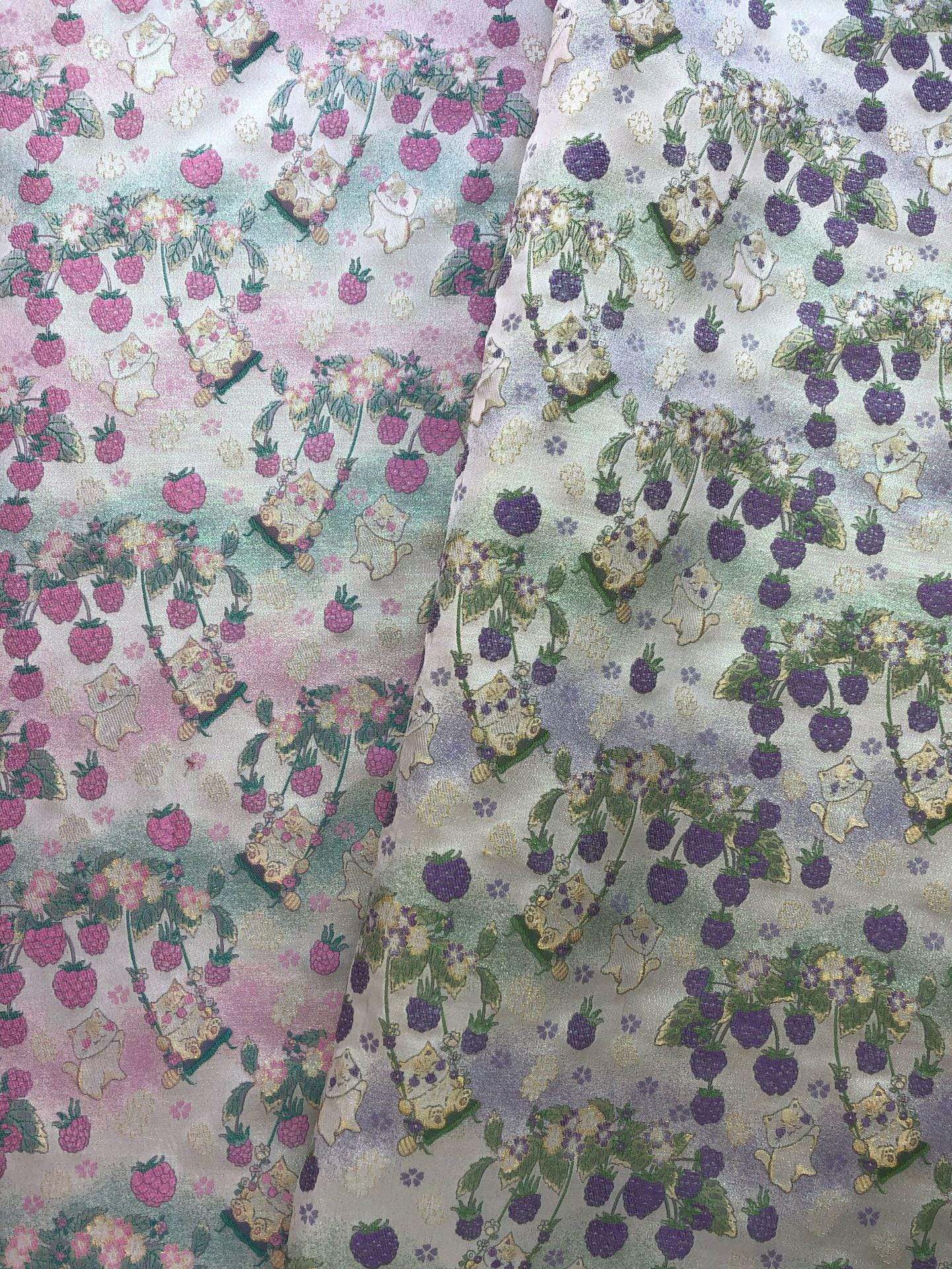 Pastoral Cat Jacquard Fabric, Raspberry Berry Floral Brocade with Metallic Thread, Cute Botanical Fabric for Dress, Qipao & Crafts, 64"Wide