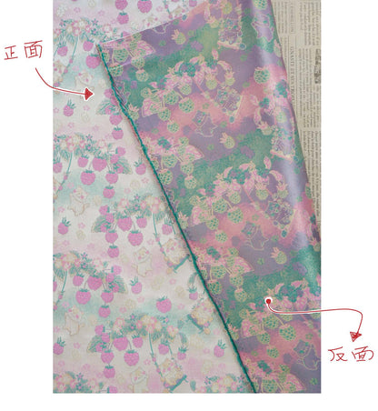 Pastoral Cat Jacquard Fabric, Raspberry Berry Floral Brocade with Metallic Thread, Cute Botanical Fabric for Dress, Qipao & Crafts, 64"Wide