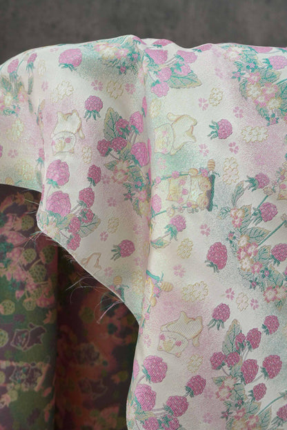 Pastoral Cat Jacquard Fabric, Raspberry Berry Floral Brocade with Metallic Thread, Cute Botanical Fabric for Dress, Qipao & Crafts, 64"Wide